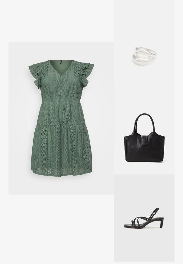 Green lace dress with a V-neck, ruffled sleeves, tiered design, and intricate patterns throughout. Lightweight material with a textured finish.; Black strappy sandal with a square toe and a low block heel. Features multiple thin straps and an adjustable ankle strap. Made of smooth leather.; Black leather tote bag with smooth texture, structured shape, two handles, and a prominent silver buckle detail on the front.; Silver double-band ring with a smooth, polished surface. Features a fluid, curved design with overlapping sections for a modern look.; Silver double-band ring with a smooth, polished surface. Features a fluid, curved design with overlapping sections for a modern look.