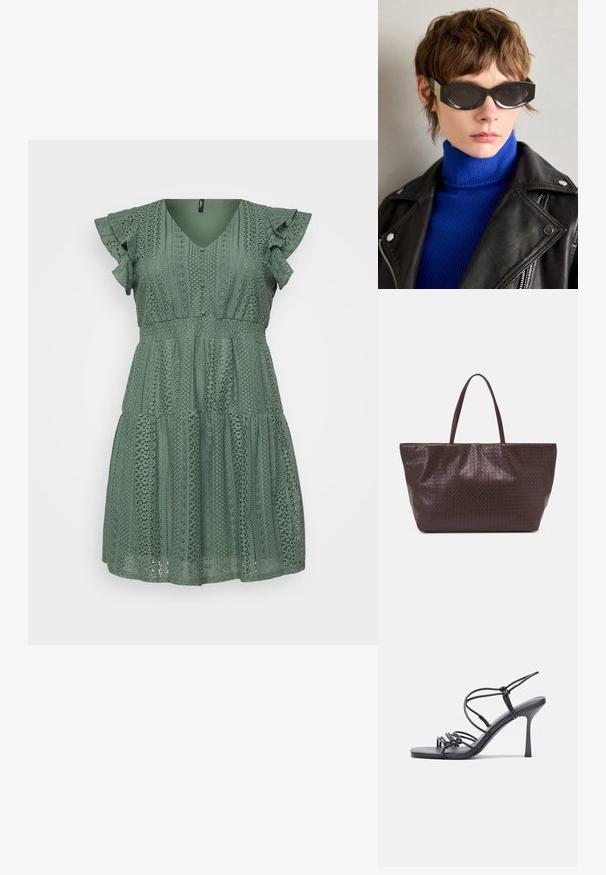 Zelena čipkasta obleka z V-izrezom, nabranimi rokavi, večtirsko zasnovana in z zapletenimi vzorci po celotni površini. Lahkotna tkanina z teksturirano površino.; Črne visoke sandale na peto imajo tanke naramnice z vozlom, gladek kvadratni toe in eleganten stiletto peto.; Črne sončna očala z zaobljenimi robovi in tinted lečami. Imajo zlato okrasno opremo na templjih. Noseno z modrim rebrastim puloverjem in usnjeno jakno.; Brahna tkanina iz usnja v rjavi barvi s tema dvema ročajema, strukturo obliko in teksturirano površino, ki vsebuje diamante vzorec po celotni površini.; Srebrni uhani v obliki obroča z obliko pentlje, z gladko površino in poliranim teksturo. Kompaktna, minimalistična zasnova primerna za različne priložnosti.