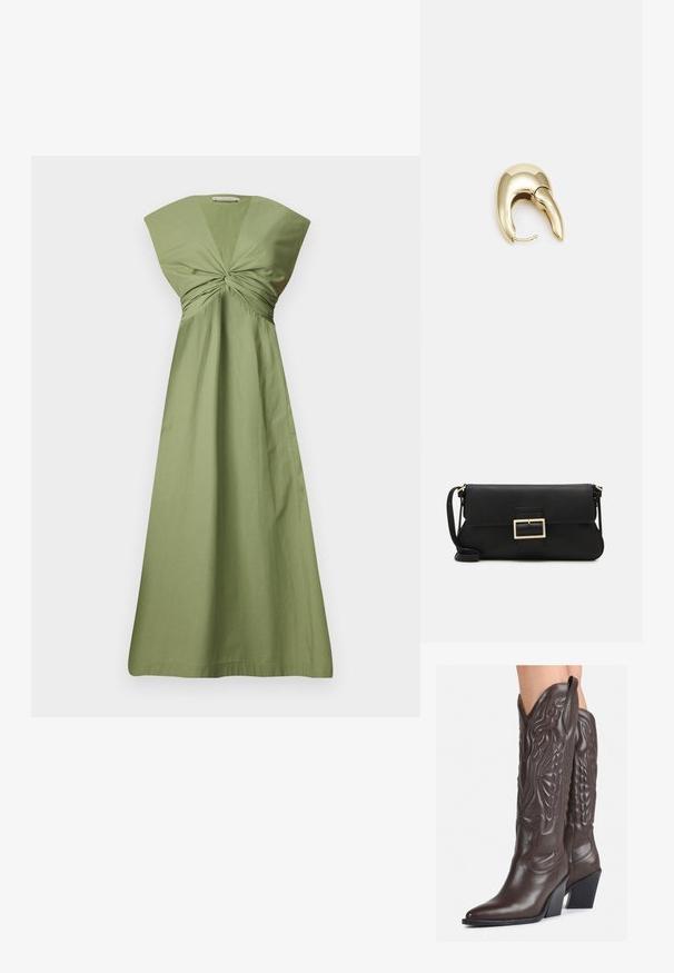 Olive green cotton dress with a twisted knot detail at the front, wide sleeves, and flowing A-line silhouette. Smooth texture. Minimalist design.; Brown leather cowboy boots with pointed toe and block heel, featuring detailed stitching and raised accents on the shaft.; Black leather clutch bag with a flap and a gold metal buckle detail. Includes a black strap and a sleek, minimalist design.; Gold-tone metal earring with a sleek, curved design. Features a distinctive pointed shape, polished surface, and hinge closure.