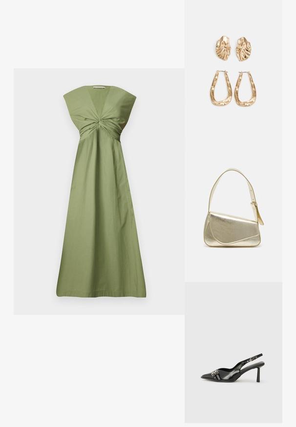 Vestido de algodón verde oliva con detalle de nudo retorcido en la parte delantera, mangas anchas y silueta A fluida. Textura suave. Diseño minimalista.; Zapato de charol negro tipo slingback con punta afilada, correas al tobillo con hebillas y herrajes de plata, y un tacón delgado.; Bolso de mano metálico dorado con un diseño estructurado, textura suave y correa ajustable. Presenta una forma triangular única y un cosido minimalista.; Pendientes en tono dorado que presentan formas texturizadas y onduladas. Incluyen aros de clip esculturales y un diseño de aro abierto con un acabado martillado.