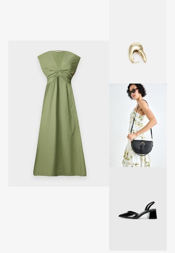 Abito in cotone verde oliva con dettaglio a nodo attorcigliato davanti, maniche ampie e silhouette A-line fluida. Texture liscia. Design minimalista.; Décolleté in vernice nera con punta affusolata e tacco in geometria cubica. Presentano un design elegante e minimalista, con una texture liscia.; Borsa a tracolla nera in pelle con una forma curva, manico rimovibile e accessori dorati. La borsa presenta una patta con un dettaglio a fibbia.; Orecchino in metallo color oro con un design elegante e curvo. Presenta una forma appuntita distintiva, superficie lucida e chiusura a cerniera.