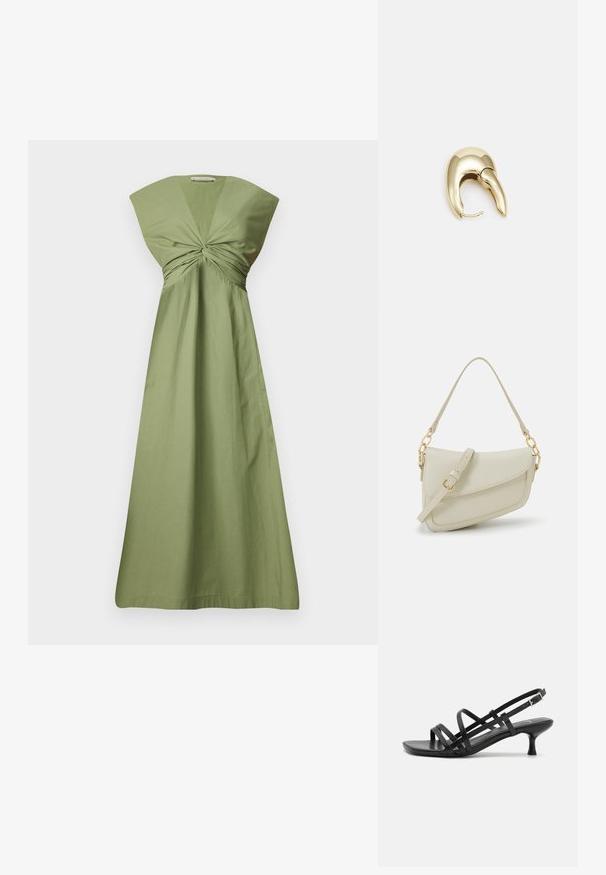 Olivově zelené bavlněné šaty s detailním zkroucením vpředu, širokými rukávy a splývavým A-silhouette. Hladká textura. Minimalistický design.; Černé sandály na podpatku s několika křížovými pásky. Hladký materiál, špičatá špička a úzký podpatek. Nastavitelný pásek kolem kotníku s přezkou.; Malá krémová kabelka s texturovaným povrchem, dlouhým nastavitelným popruhem, řetízkovým akcentem a klopou. Ozdobné detaily zlaté barvy.; Náušnice ve zlatém tónu z kovu s elegantním zakřiveným designem. Vyznačují se jedinečným špičatým tvarem, lesklým povrchem a závěsem na kloub.