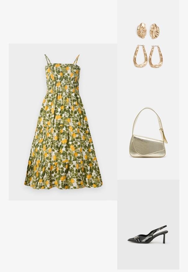 Rochie florală cu un corp elastic, imprimeu cu lămâi verzi și galbene, bretele subțiri și fustă în straturi cu margine volan.; Pantofii slingback din piele lăcuită neagră, cu vârf ascuțit, bretele pentru gleznă cu catarame și accesorii din argint, și un toc subțire.; Geantă de umăr metalică aurie cu un design structurat, textură netedă și curea reglabilă. Prezintă o formă triangulară unică și cusături minimaliste.; Cercei aurii cu forme texturate și ondulate. Include studs sculpturale cu clip și un design de cerc deschis cu un finisaj cioplit.