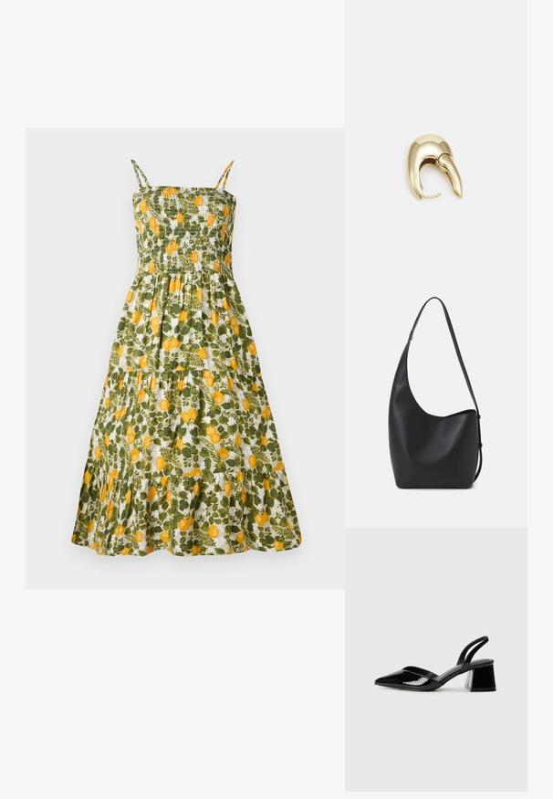 Gėlėta suknelė, turinti susiraukšlėjusią krūtinę, žalią ir geltoną citrinų raštą, plonais petnešomis ir daugiasluoksniu sijonu su banguotu apvadu.; Juodos lakuotos odinės šlepetės su smailiu pirštu ir geometriniu bloko kulnu. Turi elegantišką, minimalistinį dizainą ir lygų paviršių.; Juodas odinis hobo maišas su lygiu paviršiumi, kreipta forma ir viena reguliuojama rankena; turi platų atidarymą viršuje.; Aukso tono metalinės auskarai su stilingu, kreiviu dizainu. Išsiskiria ryškiu smailiu pavidalu, poliruota paviršiumi ir užsegimu su vyriu.