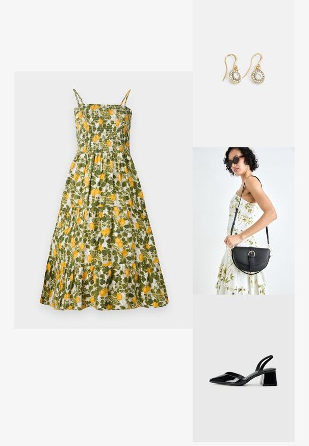 Kvetinové šaty s elastickým korzetom, s potlačou zelených a žltých citrónov, tenkými ramienkami a volánovou sukňou s tierovaným dnom.; Čierne lakované kožené sandálové podpätky s špicatou špičkou a geometrickým blokovým podpätkom. Disponujú elegantným, minimalistickým dizajnom a hladkým povrchom.; Čierna kožená kabelka s zaobleným tvarom, odnímateľným popruhom a zlatými doplnkami. Kabelka má klopu s detailom s prackou.; Náušnice zlatého odtieňa s oválnymi čírymi kryštáli obklopenými menšími čírými kameňmi, s háčikovým dizajnom pre bezpečné nosenie.