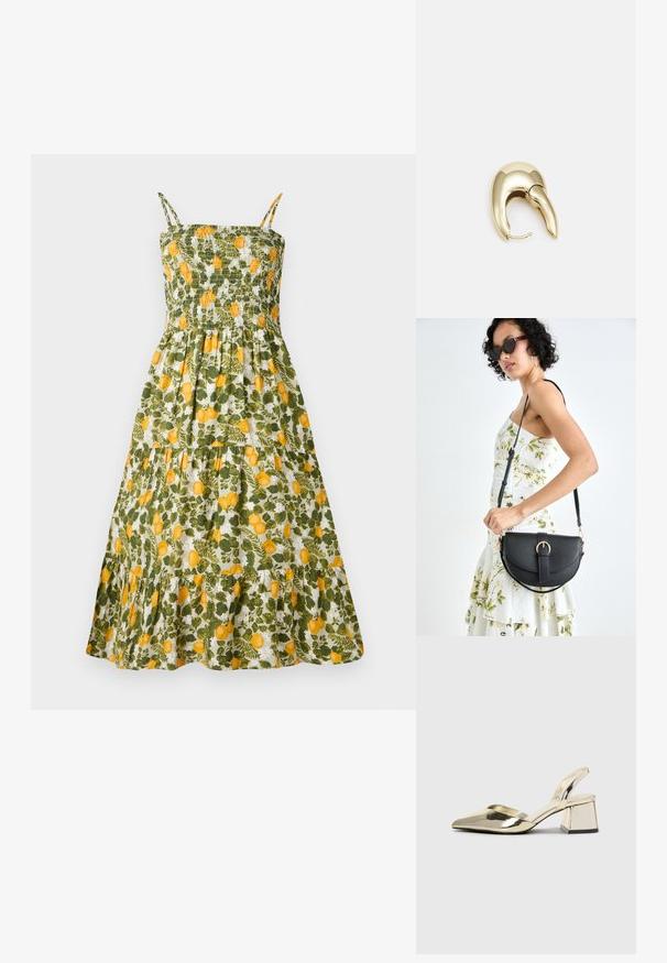 Gėlėta suknelė, turinti susiraukšlėjusią krūtinę, žalią ir geltoną citrinų raštą, plonais petnešomis ir daugiasluoksniu sijonu su banguotu apvadu.; Auksiniai, metaliniai slingback aukštakulniai bateliai su smailiu pirštu ir masyviu kulnu. Lygus paviršius, minimalizmo dizainas ir siaura juostelė.; Juodas odinis krepšys su išlenkta forma, nuimamu dirželiu ir auksiniais detalėmis. Krepšys turi kilpą su sagtimi.; Aukso tono metalinės auskarai su stilingu, kreiviu dizainu. Išsiskiria ryškiu smailiu pavidalu, poliruota paviršiumi ir užsegimu su vyriu.