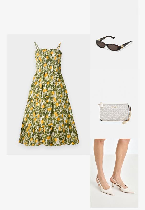 Virágmintás ruha, smockolt dekoltázzsal, zöld és sárga citrommintával, spagetti pántokkal és fodros szegéllyel ellátott, réteges szoknyával.; Beige patent bőr slingback magassarkúk hegyes orral és 5 cm-es sarokkal, kivágott oldalakkal és vékony bokapánttal.; Tortából készült napszemüveg, hosszúkás ovális lencsékkel, barna színű árnyalattal, arany logóval a fülkagylón, és karcsú fekete szárakkal.; Michael Kors bézs bevonatos vászon karkötő, amely ismétlődő MK logó mintával, aranyszínű fémrészletekkel és levehető lánchordóval rendelkezik.