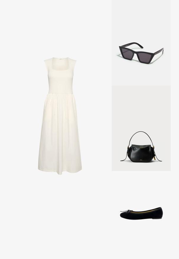Weißes Kleid mit quadratischem Ausschnitt, geripptem Oberteil und fließendem Rock. Hergestellt aus leichtem Stoff mit glatter Textur.; Schwarze Samt-Ballerinas mit runder Zehenpartie, einer kleinen Schleifenapplikation auf der Vorderseite und einem kontrastierenden gelben Innenfutter.; Schwarze, eckige Sonnenbrille mit grauen Gläsern; aus Kunststoff gefertigt, mit dicken Bügeln, die eine glatte Oberfläche und keine sichtbaren Beschläge haben.; Schwarze Lederhandtasche in runder Form, mit einem einzelnen oberen Griff und goldenen Hardware-Akzenten. Verfügt über einen Reißverschluss und dezente Markenkennzeichnung.
