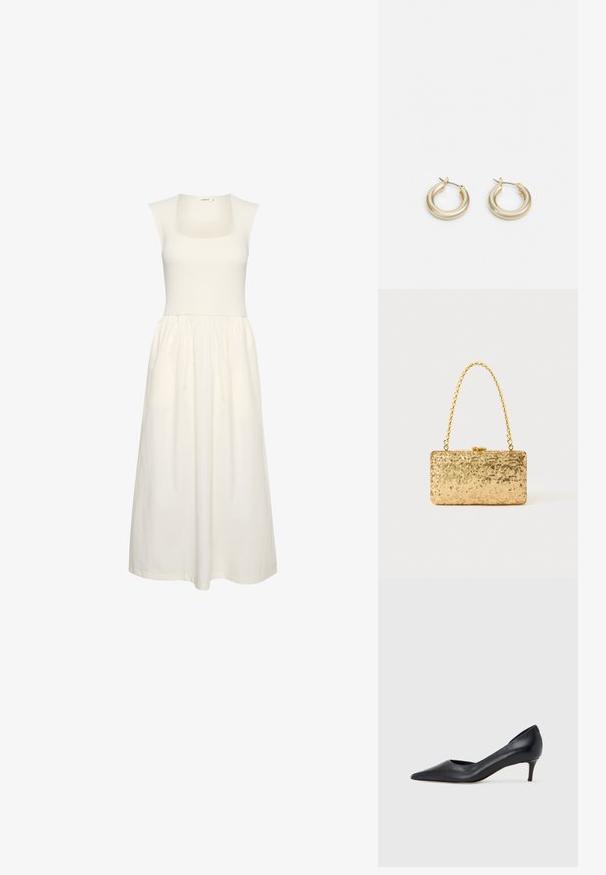Witte jurk met een vierkante halslijn, geribbelde bodice en een vloeiende rok. Gemaakt van lichtgewicht stof met een zachte textuur.; Zwarte leren pump met een puntige neus en lage hak. Heeft een gladde textuur en een subtiele glans. Open uitsparing aan de voorkant voor extra detail.; Gouden pailletten clutch in rechthoekige vorm, met een gedraaide kettinghandvat en een metalen sluiting, die het licht reflecteert met een gestructureerde afwerking.; Lauren Ralph Lauren BASIC SMALL HOOP - Oorbellen - gold-coloured