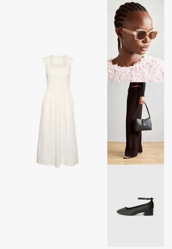 Bela obleka z kvadratnim izrezom, rebrastim bodicem in tekočim krilom. Narejena iz lahkotnega materiala z gladko teksturo.; Črne usnjene pumpice z nazobčanimi prsti in nizko blokasto peto. Imajo trak okoli gležnja z zaponko v zlatem tonu. Gladka tekstura.; Bežna oversized sončna očala s prozornim okvirjem in rjavimi lečami, ki imajo subtilne cvetlične poudarke in drzen, geometrijski dizajn.; Črna torbica z strukturirano obliko, gladko teksturo in kovinskim zaponko. Ujemajo se z širokimi črnimi hlačami in odprtimi sandali na lesenem tleh.