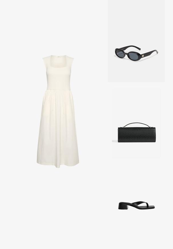 Biała sukienka z kwadratowym dekoltem, prążkowanym stanikiem i zwiewną spódnicą. Wykonana z lekkiej tkaniny o gładkiej fakturze.; Czarne skórzane sandały na obcasie posiadają projekt z paskiem między palcami, kwadratowy czubek oraz niski blokowy obcas. Gładka struktura w minimalistycznym stylu.; Czarne owalne okulary przeciwsłoneczne z ciemnymi soczewkami, błyszcząca plastikowa oprawka, szerokie zauszniki i mały złoty akcent z jednej strony.; Czarna pleciona skórzana kopertówka o prostokątnym kształcie, z cienkim uchwytem i subtelnymi złotymi akcentami.; Czarny naszyjnik na sznurku z teksturowanymi szarymi i białymi koralikami, z dużym czarnym frędzlem na końcu. Regulowana długość.