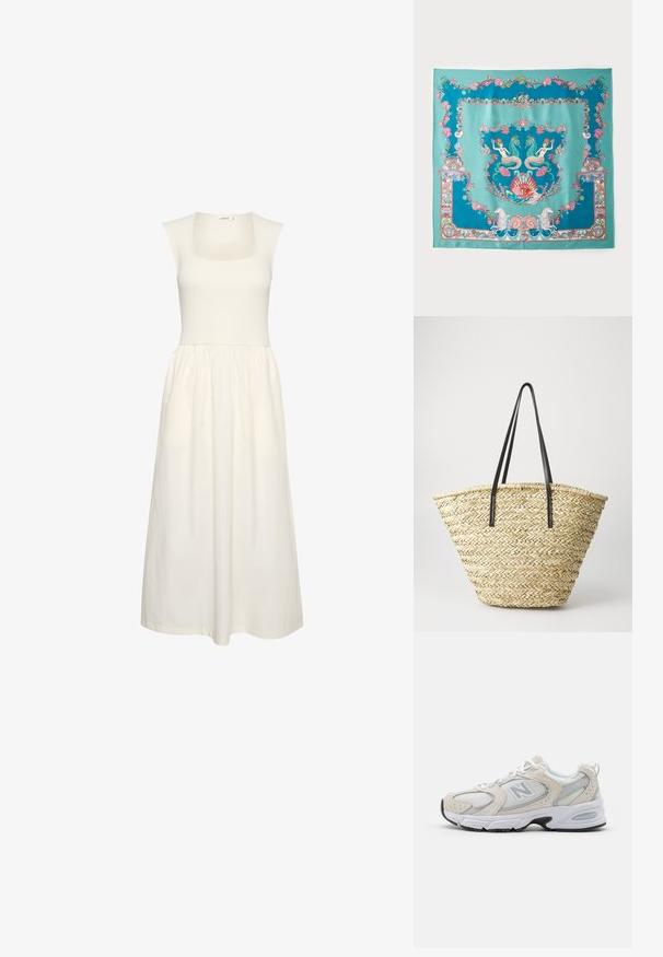 Valge kleit ruudukujulise kaelusega, ribatud kehaosaga ja vooluva seelikuosaga. Valmistatud kergetest kangast, millel on sile tekstuur.; Sportlik king, millel on helehall võrgust ülemine osa, sametised aktsendid, valged nöörid ja must kummist tald. Silmatorkav ABZORB pehmendusdetail.; Türkiissinine siidsall, millel on keerukad mereteemalised mustrid, sealhulgas merineitsi, rannakarbid ja korallid, kaunistatud dekoratiivse servaga.; Kootud õlletekott, millel on lai, kitsenev kuju ja kaks mustast nahast käepidet. Loomulik beež värv ja tekstuuriga pind.