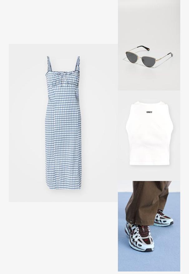 Vestido de cuadros azul y blanco con un cuerpo ajustado, tirantes de espagueti con volantes y un diseño de falda maxi recta. Textura suave.; Obey Clothing BOLD - Top - white; Zapatillas Nike con una combinación de colores azul claro y marrón, fabricadas en material de malla y goma, con acentos rojos en contraste y una suela texturizada.; Gafas de sol con montura de metal dorado y lentes oscuros, de forma de ojo de gato, y varillas negras con un acento arcoíris en un lado.