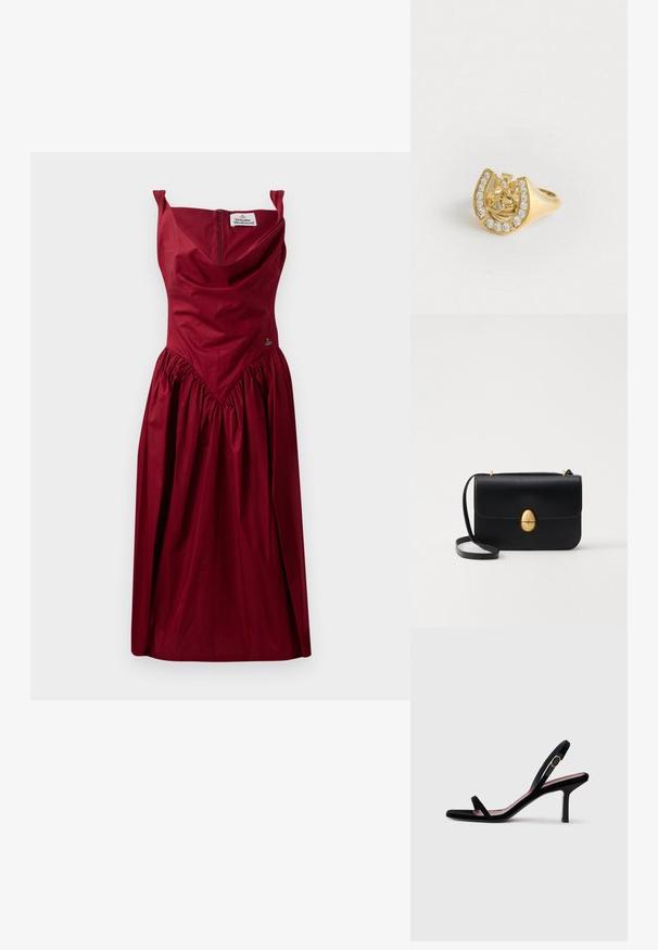 Burgundi kiaurė su prigludusia liemene ir surinkta sijonu. Savybėmis yra petnešos be pečių, užpakalinė užtrauktuką ir dekoratyvinė siuvinėjimo detalė.; Juodas zomšinis moteriškas aukštakulnis sandalai su plonais dirželiais ir auksine sagtimi ant balto fono, šoninis vaizdas.; Juodas odinis rankinukas su struktūrine stačiakampio forma. Yra auksinė ovali sagtis ir plona petneša. Glotni tekstūra.; Aukso žiedas su karūnos dizainu viduje arkadijos, papuoštas mažomis skaidriomis brangakmenių, baltame fone.