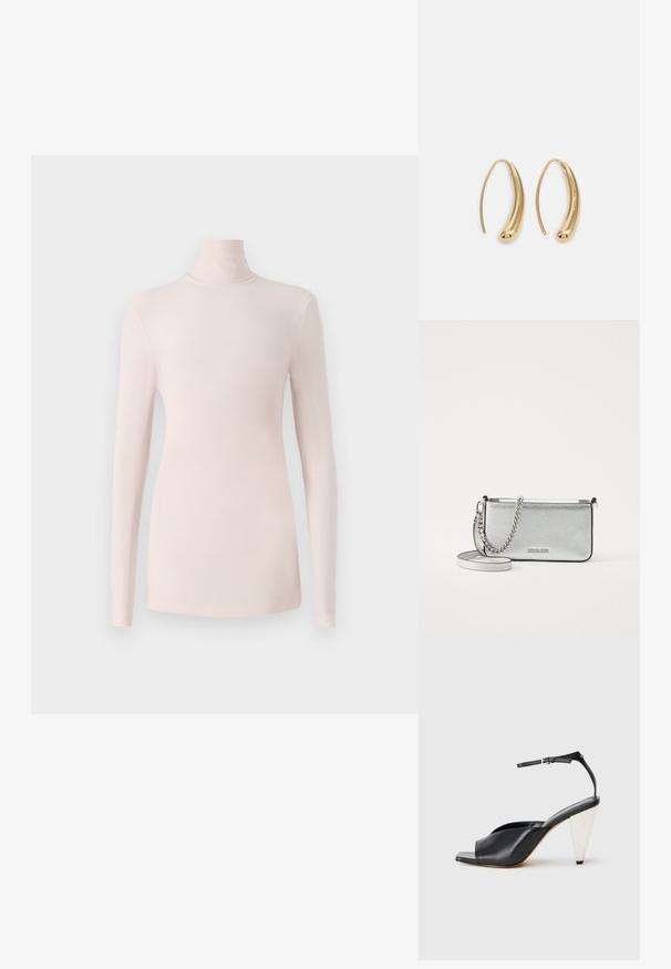 Camisola de gola alta de manga longa em rosa claro, feita de um tecido suave e elástico; design ajustado com uma gola alta e sem fechos visíveis.; Sandal de salto alto em couro preto com bico aberto, design assimétrico, tira no tornozelo e um salto metálico em forma de cone. Textura suave por toda a parte.; Bolsa crossbody de couro prateada com um acabamento texturizado, detalhes em corrente e alça, e fecho de zíper. Apresenta um logotipo na parte da frente.; Brincos em metal dourado com forma de arco alongado e curvado. Apresentam uma superfície lisa e brilhante, com uma ponta arredondada para um detalhe adicional.