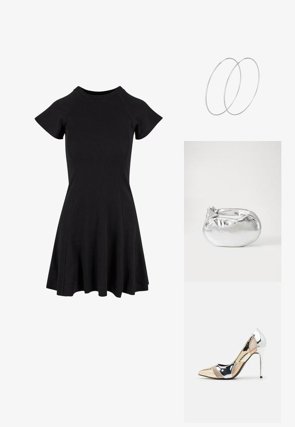 Musthave lühikeste varrukatega must kleit, millel on tihe ülaosa ja laienev seelikuosa, valmistatud siledast ja venivast kangast. Lihtne disain, ilma mustrite ja aksessuaarideta.; Kitsas toe kõrge kontsaga kingad, millel on hõbedane, kuldne ja nude värvilahendus. Läikiv viimistlus lõikekujundusega, stiletto konts.; Hõbedane metallikoti kott pehme, ümar kuju ja sõlme ülemise sulgemisega. Valmistatud siledast kunstnahast materjalist.; Hõbedased rõngastikkaehingad minimalistlikus disainis. Ümar kuju, sile tekstuur ja õhuke profiil. Kerged ning poleeritud viimistlusega.