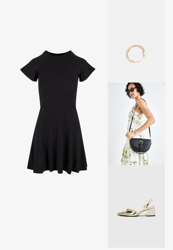 Schwarzes Kurzarmkleid mit tailliertem Oberteil und ausgestellt Rock, aus einem glatten, elastischen Stoff gefertigt. Einfaches Design ohne Muster oder Akzente.; Goldene, metallische Slingback-Absätze mit spitzem Zeh und dicker Ferse. Glatte Textur, minimalistisches Design und ein schmaler Riemen.; Schwarze Lederhandtasche mit geschwungener Form, abnehmbarem Tragegurt und goldenen Beschlägen. Die Tasche verfügt über einen Deckel mit einer Schnallen-Details.; Goldfarbener Ring mit einem organischen, gedrehten Design, glatter Oberfläche und sich verjüngenden Enden, was ein modernes, skulpturales Erscheinungsbild erzeugt.