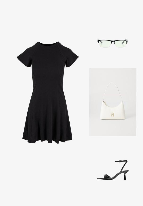 Crna haljina kratkih rukava s uskim gornjim dijelom i lepršavom suknjom, izrađena od glatkog, rastezljivog materijala. Jednostavan dizajn bez uzoraka ili akcenata.; Bershka Sandale s visokom petom - black; Crna pravokutna naočala s prozirnim lećama, sa sofisticiranim crnim okvirom i sivim prozirnim drškama. Minimalistički dizajn, bez vidljivog brendiranja.; Bijela torba u obliku lukova s glatkom teksturom. Ima zlatni logotip kao ukras i zatvaranje na patentni zatvarač. Podesiva naramenica.