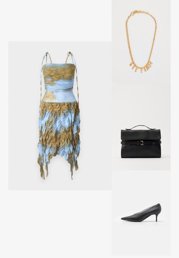 AVAVAV SMOCK DRESS - Koktailové šaty/večierkové šaty - blue/yellow; Čierna lodička s ostrou špičkou, vyrobená z hladkej kože. Má štíhlý opätok a minimalistický dizajn bez viditeľných ozdôb.; Čierna kožená kabelka s preklápacím uzáverom, detailom pracky a horným uchom. Hladká textúra a minimalistický dizajn, vhodná na rôzne príležitosti.; Zlatý náhrdelník s príveskom v tvare písmen, ktoré tvoria slovo "MOSCATO." Hladký povrch s karabínkovým zapínaním a článkami rôznych veľkostí.