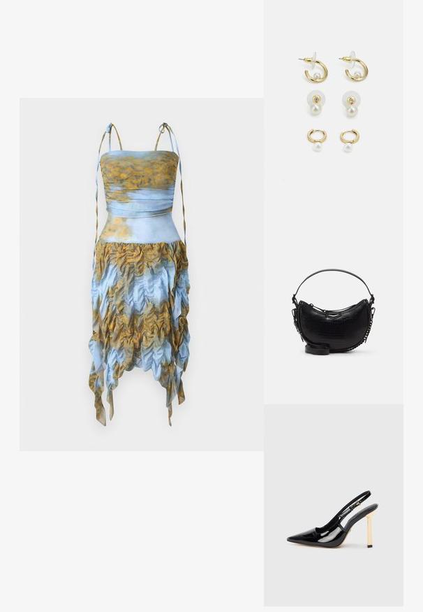 AVAVAV SMOCK DRESS - Koktélruha / Partiruha - blue/yellow; Fekete lakkbőr pántos magassarkú cipő hegyes orral és aranyszínű négyzet sarkú díszítéssel. Állítható bokapánttal rendelkezik.; Fekete krokodilbőr hatású kézitáska ívelt formával, levehető vállpánttal és egy elegáns fém díszítéssel az elején.; Arany színű fülbevalók kör alakú mintákkal, gyöngyökkel és kristály díszítéssel. Stud és hoop stílusban, áttetsző hátlappal kaphatók.