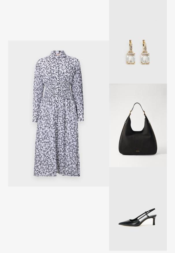 Mustavalkoinen kukkakuosiset mekko, jossa on kaulus, pitkät hihat, rypytetty vyötärö ja hulmuava helma. Valmistettu kevyestä kankaasta.; Musta patent slingback-kiilakorko teräväkärkisellä muotoilulla, jossa on teksturoitu käärmeennahkakuosi, säädettävä remmi ja lyhyt, teksturoitu blokkiheel.; MICHAEL Michael Kors NOLITA HOBO  - Käsilaukku - black; Kulta-sävyiset korvakorut, joissa on suorakulmainen, kirkas kivi roikkumassa pienen, pyöreän kirkkaan korosteen rivin alapuolella. Tyylikäs, moderni muotoilu.