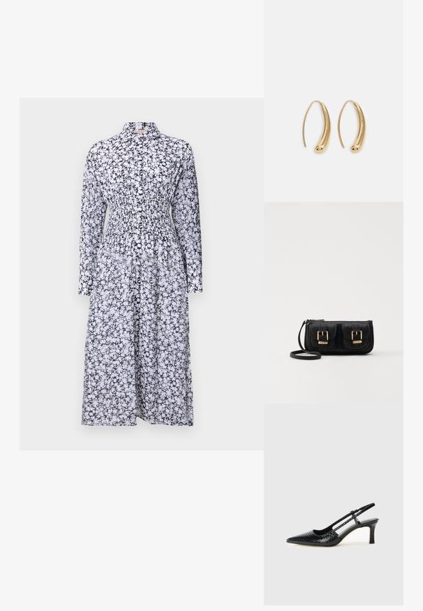 Robe à imprimé floral noir et blanc avec un col, des manches longues, une taille smockée et une jupe fluide. Fabriquée dans un tissu léger.; Escarpin slingback en vernis noir avec un bout pointu, présentant un imprimé serpent texturé, une sangle réglable et un petit talon bloc texturé.; Sac en cuir noir porté en travers avec deux poches avant, boucles dorées, fermeture zippée et une sangle fine. Surface texturée et forme rectangulaire compacte.; Boucles d'oreilles en métal doré en forme d'anneau, avec une forme courbée et allongée. Elles présentent une surface lisse et brillante avec une pointe arrondie pour un détail supplémentaire.