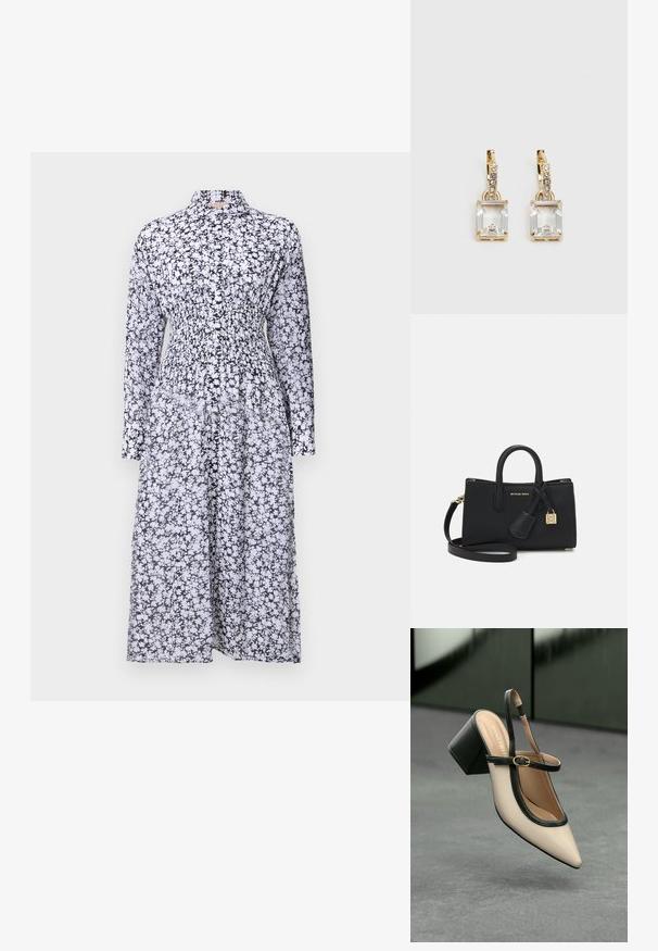 Svart og hvit blomstermønstret kjole med krage, lange ermer, smocket liv og flytende skjørt. Laget av lett stoff.; Beige spiss tå slingback sko med svart kant, gullspenne og tykk blokkheel på grått gulv med mørkegrønn bakgrunn.; Svart lær veske med en strukturert design, topphåndtak og et avtakbart skulderrem. Har gullfarget hardware og et logoanheng.; Gullfargede øreringer med en rektangulær, klar krystall som henger under en rad av små, runde klare akenter. Elegante, moderne design.