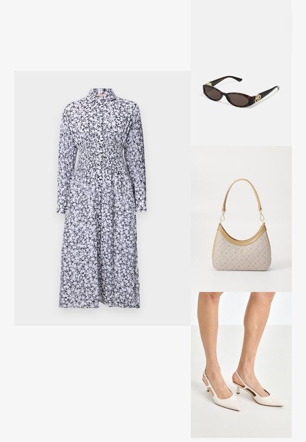 Schwarz-weißes Blumenkleid mit Kragen, langen Ärmeln, gerafftem Taillenbereich und fließendem Rock. Hergestellt aus leichtem Stoff.; Beige Lackleder Slingback-Absätze mit spitzem Fuß und 5 cm Absatz, mit ausgeschnittenen Seiten und einem schmalen Knöchelriemen.; Schildpatt-Sonnenbrille mit länglich-ovalen Gläsern, braunem Farbton, goldenen Logo-Akzenten an den Bügeln und schlanken schwarzen Bügeln.; Beige gemusterte Handtasche mit geschwungener Form, Lederakzenten und einem goldfarbenen Logo auf der Vorderseite. Verfügt über einen kurzen Griff für einfaches Tragen.; Perlen- und Kristallhalskette mit einem runden, perlenbesetzten Design in sanften Farbtönen, das abwechselnd Perlen und funkelnde Akzente zeigt, um den Hals getragen.