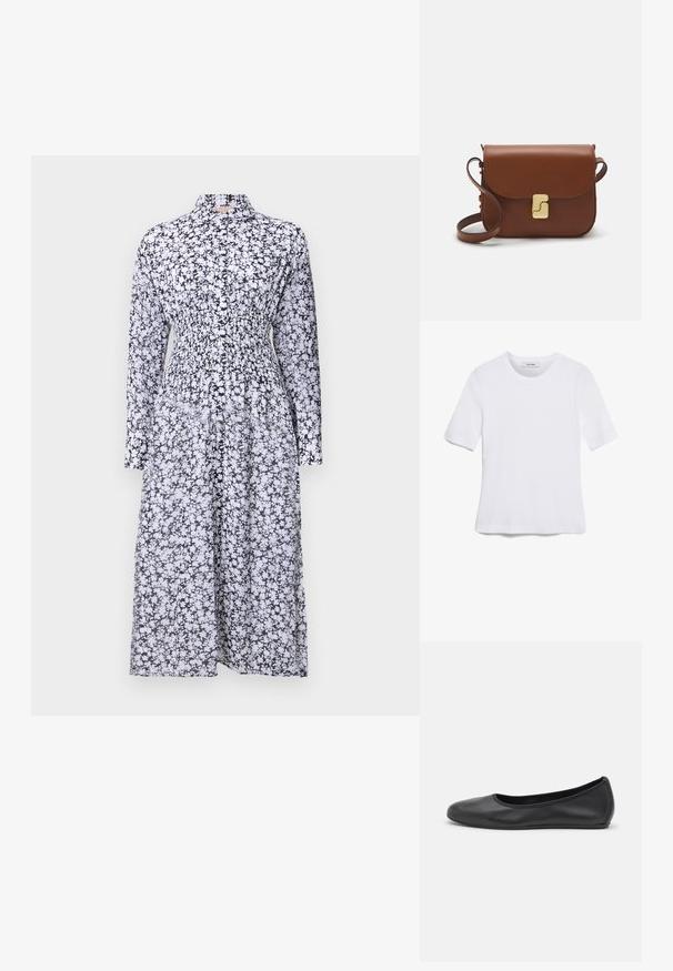 Robe à imprimé floral noir et blanc avec un col, des manches longues, une taille smockée et une jupe fluide. Fabriquée dans un tissu léger.; T-shirt blanc à manches courtes en tissu côtelé. Col rond, coupe régulière et détails de couture subtils. Aucune motif ni graphique.; Ballerines en cuir noir avec un bout rond, texture lisse, détails de couture minimalistes et design de semelle flexible.; Sac à main en cuir marron avec une fermeture à rabat, des accents en métal doré, une bandoulière et une texture lisse. Forme rectangulaire compacte.