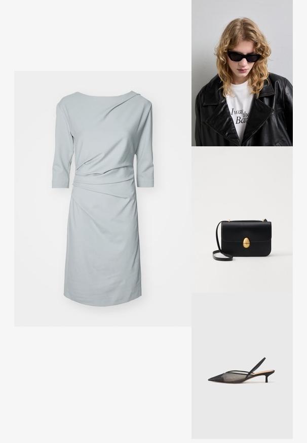 Rochie de culoare albastru deschis, realizată dintr-un material moale, având un decolteu tip boat, mâneci trei sferturi și detalii plisate pentru un efect drapat.; NEOUS IRENA - Pantofi clasici cu toc - black; Ochelari de soare negri, cu un design elegant și unghiular. Modelul poartă o jachetă din piele neagră peste o cămașă albă cu text imprimat, pe un fundal neutru.; Geantă de mână din piele neagră, cu o formă rectangulară structurată. Are un capac oval auriu și o curea subțire pentru umăr. Textură netedă.