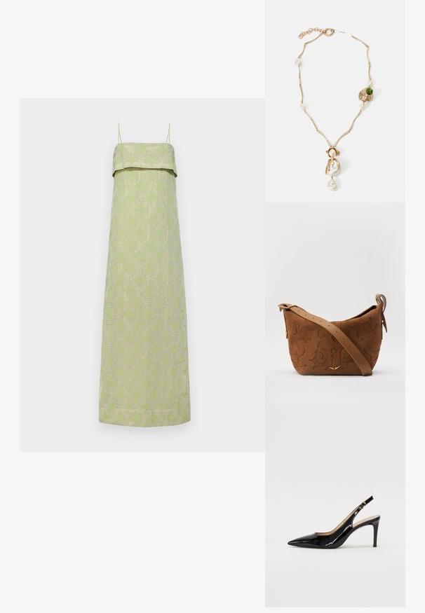 Faithfull the brand BEA MAXI DRESS - Maksi suknelė - sage/sand; Juodas lakinės odos slingback batelis su smailiu nosiu, plonu kulnu ir subtiliu išpjovos dizainu. Yra auksinė sagtis ant dirželio.; Ruda suedes pečių rankinė su išsiuvinėtu gėlės dizainu, papildyta lygiu ruduo odos diržu ir auksinės spalvos detalėmis.; Auksinės spalvos apyrankė su susuktomis grandinėmis, baltais perlais ir žaliuoju akmeniu. Pasižymi sudėtingais detalėmis ir užsegimu.