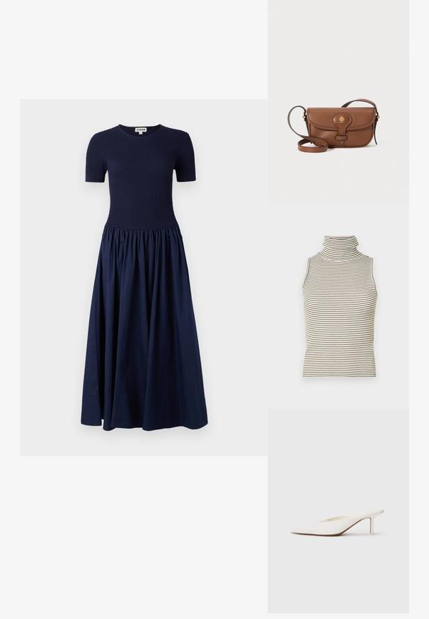 Tmavomodré šaty s rebrovým topom s krátkym rukávom a voľnou, nariasenou sukňou. Vyrobené z mäkkej tkaniny, kombinujúcej textúru a siluetu.; Halenka bez rukávov s vysokým golierom a vertikálnymi čierno-bielymi pruhmi, vyrobená z textúrovanej pleteniny.; Biele muly s ostrou špičkou a nízkym stiletto podpätkom. Vyrobené z hladkého materiálu s minimalistickým dizajnom a jemným detailom na tanovej podrážke.; Hnedá kožená taška cez telo s zakriveným klopom, zlatými doplnkami a dekoratívnym logom. Popruh je nastaviteľný a má hladkú textúru.