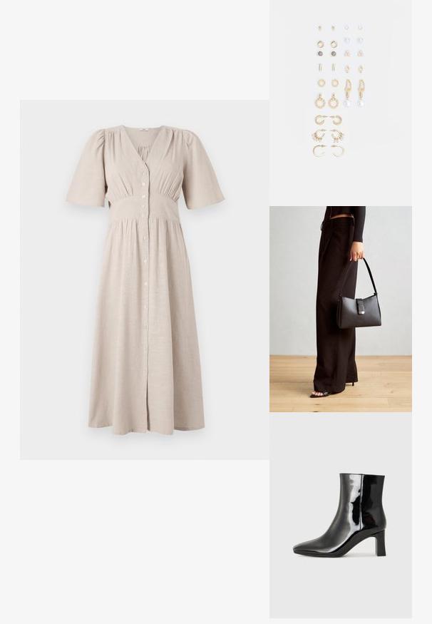 Bež pesukleid, V-kaelusega, lühikeste puhviga varrukatega, elastse vöökoha ja kokkukogutud tekstuuriga; põlvepikkune ja voolava seeliku osaga.; Must-sinine nahkjalats musta läikiva viimistlusega, millel on terav nina ja keskmise kõrgusega plokk konts. Sile tekstuur ja minimalistik disain.; Must musta kott, millel on struktureeritud kuju, sile tekstuur ja metallist klamber. Kombineeritud laiate mustade pükstega ja avatud varvaste sandaalidega puidust põrandal.; Kullastusust kõrvarõngaste komplekt, mis sisaldab erinevaid disaine, sealhulgas nööpe, rõngaid ja riputatavaid tükke, millel on pärlid ja rhinestones.
