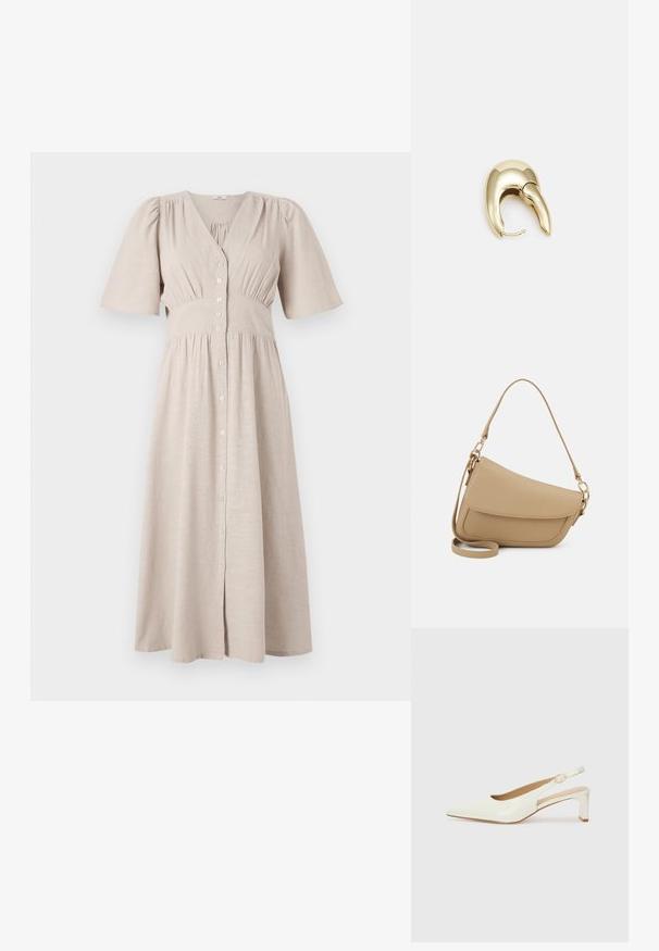 Beige knappopp kjole med V-hals, korte pufferm, elastisk midje og rynket tekstur; kne-lengde med en flytende skjørt.; Hvit patentlær slingback-sko med spiss tå og lav blokkheel. Har en diskret stropp med detalj i gulltone.; Even&Odd Håndveske - beige; Gullfarget metalløredobber med et elegant, buet design. Har en karakteristisk spiss form, polert overflate og hengsel-lukking.