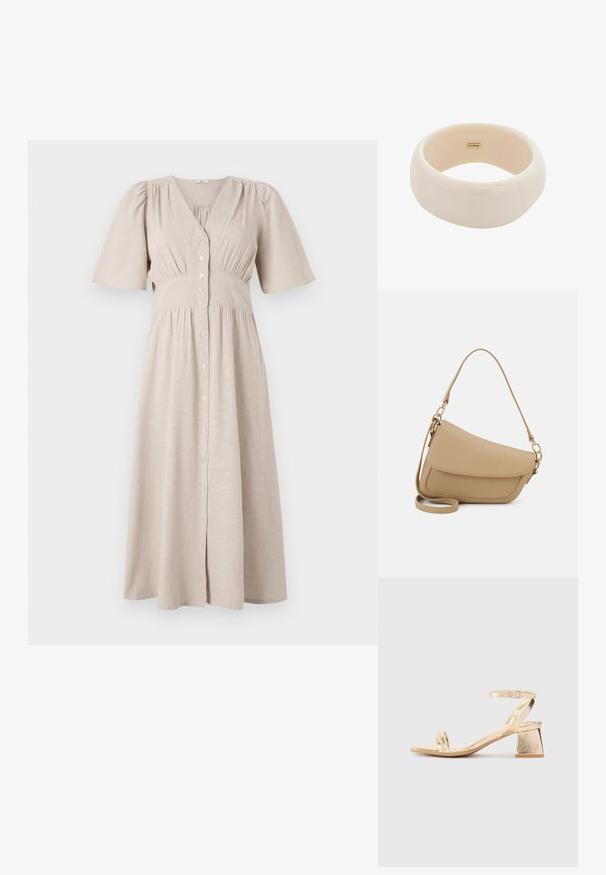 Beiges Knopfkleid mit V-Ausschnitt, kurzen Puffärmeln, elastischem Bund und geraffter Textur; knielang mit einem fließenden Rock.; Goldene metallische Sandale mit Absatz in Blockform, zwei Riemen über dem Fuß und einem verstellbaren Knöchelriemen. Glatte Textur.; Even&Odd Handtasche - beige; Glänzendes beiges Armband aus glattem Harz. Abgerundete Form mit einer einheitlichen Oberfläche und einem kleinen goldenen Logo auf der Innenseite.