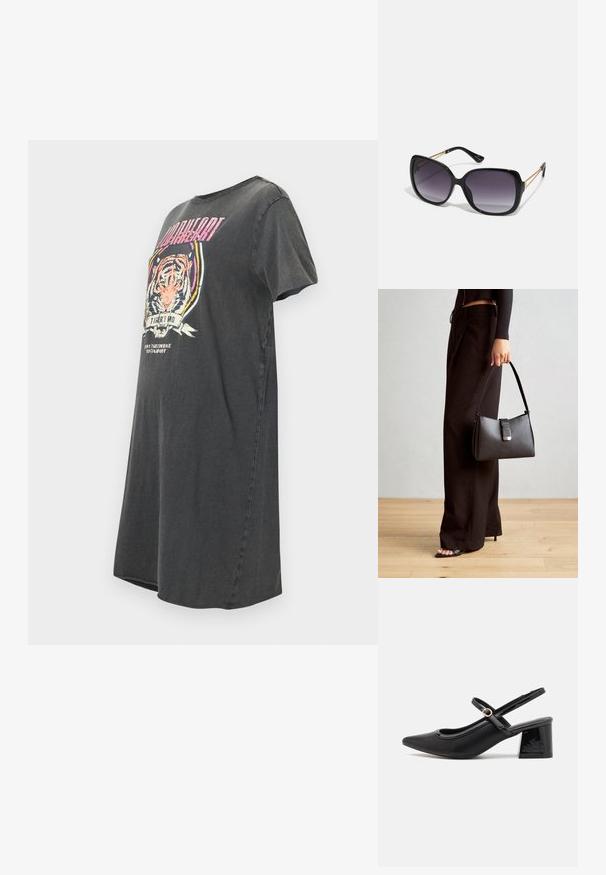 Tamsiai pilkas per didelis marškinėliai, pagaminti iš medvilnės, su tigro grafika ir daugiaspalviais akcentais bei apvaliu kaklu.; Juodi patentinio odos slingback aukštakulniai su smailiu pirštu, apvaliu išpjovimu ir blokiniu kulnu. Papuošti auksiniu juostos akcentu.; Juodos didelės saulės akinių su pereinamais objektyvais, storomis rėmeliais ir auksinės spalvos grandinėmis ant šventyklų.; Juodas rankinė struktūrizuota forma, lygi tekstūra ir metalinis užsegimas. Suporuota su plačiomis juodomis kelnėmis ir atvirais bateliais ant medinių grindų.