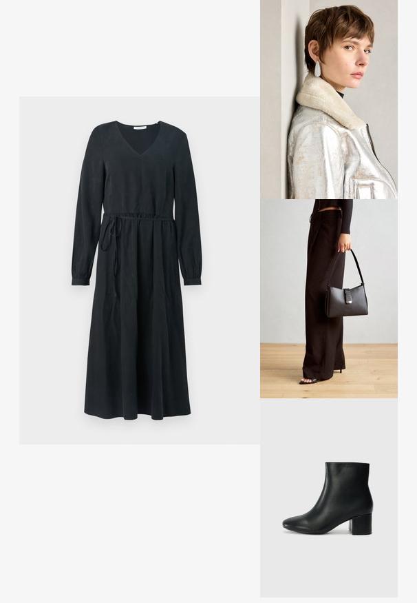 Schwarzes langärmeliges Kleid mit V-Ausschnitt, taillierten Bund und Kordelzug. Glatte Textur, knielanger Rock und fließendes Design.; Schwarze Leder-Ankle-Boots mit spitzem Zehenbereich und klobigem Absatz. Glatte Textur mit minimalen Akzenten und einem eleganten, taillierten Design.; Schwarze Handtasche mit strukturierter Form, glatter Textur und einem metallischen Verschluss. Kombiniert mit weiten schwarzen Hosen und offenen Sandalen auf einem Holzboden.; Silberne metallische Lederjacke mit Schaffellkragen, mit Reißverschluss und strukturiertem Oberflächen. Große Tropfenohrringe mit klaren Edelsteinen.