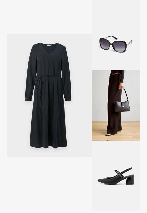 Must mustriks, V-kaelusega, kokku tõmmatud vöökoht ja nööriga. Sile tekstuur, põlvekõrgune seelik ja voolav disain.; Mustad läikivad nahast slingback-kõrged kontsad, millel on terav nina, ümar lõikekujundus ja blokknina. Omab kuldset nupu aktsenti.; Mustad ümarad päikeseglaasid, millel on gradient objektiivid, paksud raamid ja kuldse tooni kettaga kaunistused tempelitel.; Must musta kott, millel on struktureeritud kuju, sile tekstuur ja metallist klamber. Kombineeritud laiate mustade pükstega ja avatud varvaste sandaalidega puidust põrandal.