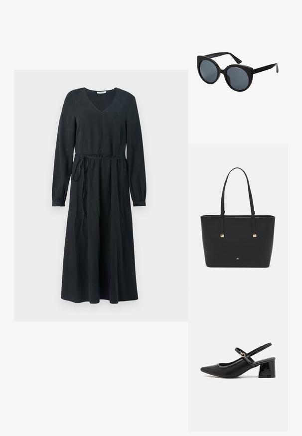 Black long-sleeve dress with a V-neckline, cinched waist, and a drawstring tie. Smooth texture, knee-length skirt, and flowing design.; Black patent leather slingback heels with a pointed toe, a rounded cutout design, and a block heel. Features a gold-tone buckle accent.; Black oversized sunglasses with cat-eye shape, dark tinted lenses, and glossy plastic frame. Features thick temples for support.; Black tote bag made of synthetic material, featuring simple rectangular design, gold square accents, and double handles.