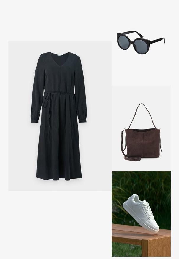 Juoda ilgomis rankovėmis suknelė su V formos iškirpte, įliemenuota juosmeniu ir su virvute. Lygus audinys, kelių ilgio sijonas ir plaukiantis dizainas.; Balti sneakeriai su lygia sintetine viršutine dalimi, perforuota pirštų zona, plokščiomis raištelėmis ir tekstūruotu padu, padėti ant medinės paviršiaus.; Juoda didelė saulės akiniai katės akies formos, tamsiai tonuoti objektyvai ir blizgi plastikinė rėmelis. Yra storos šventyklos, užtikrinančios paramą.; Ruda suede audinė su minkšta tekstūra, turinti vieną petį ir subtilų kreivinį viršutinį atidarymą. Matomų metalinių detalių nėra.