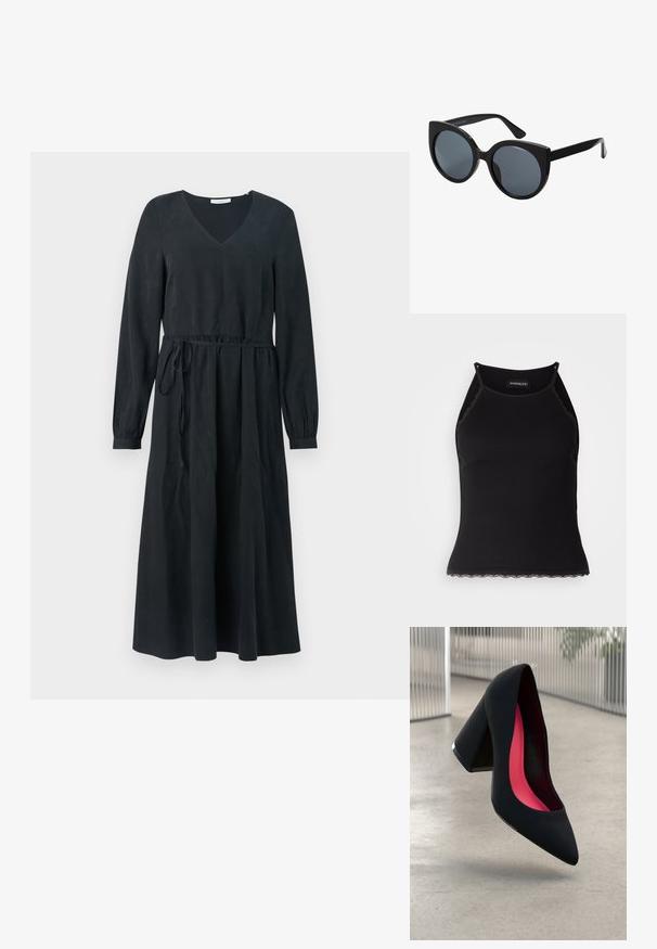 Fekete, hosszú ujjas ruha V nyakkivágással, megkötős derékkal és húzózsinórral. Simább anyagú, térd hosszúságú szoknya, és lágy vonalvezetésű.; Fekete bordázott ujjatlan felső, csipkés, fodros szegéllyel az alján. Vékony pántokkal és testhez simuló kialakítással rendelkezik. Stretch anyagból készült.; Fekete magassarkú cipő hegyes orral, textúrált felülettel és élénk rózsaszín béléssel. Vastag sarokkal rendelkezik, ezüst kiegészítővel.; Fekete, nagy méretű macskaszem alakú napszemüveg, sötét szűrt lencsékkel és fényes műanyag kerettel. Vastag szárakkal rendelkezik a megfelelő tartás érdekében.