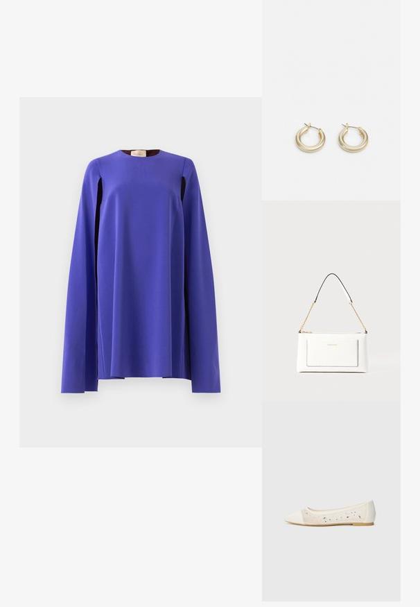 Vestido de manga comprida, roxo vibrante, com mangas largas e fluídas a pender soltas, exposto sobre um fundo simples cinza claro.; Sandal com biqueira apontada em pele creme com parte superior transparente decorada com strass dispersos. Sola macia para conforto, design minimalista.; Bolsa de mão branca em couro com acabamento texturizado, featuring a corrente dourada e detalhes pretos. Inclui um bolso frontal e fecho com zipper.; Lauren Ralph Lauren BASIC SMALL HOOP - Brincos - gold-coloured