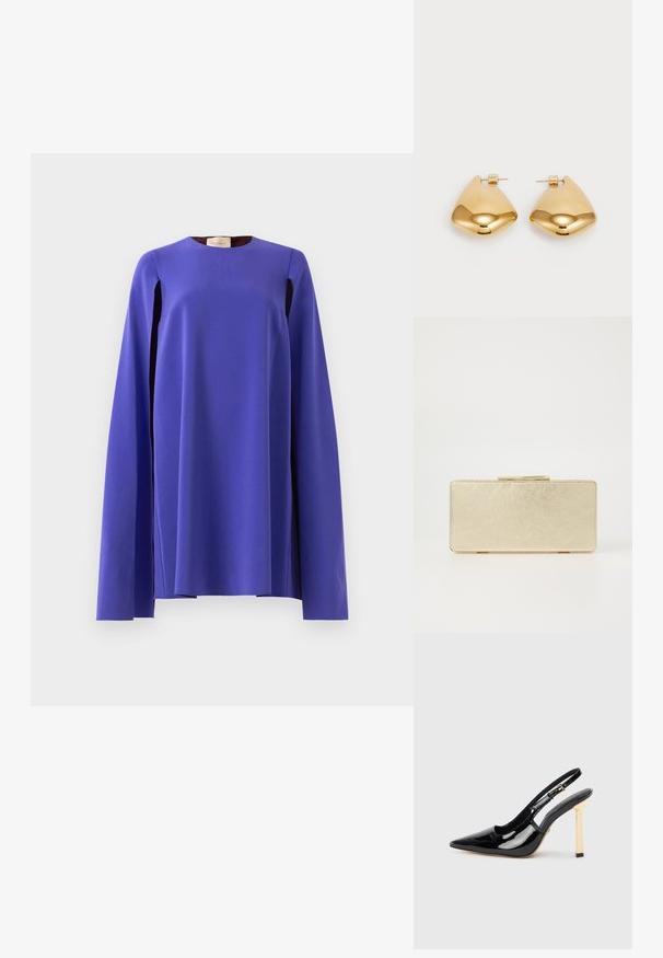 Hosszú ujjú, élénk lila ruha széles, lebegő ujjakkal, amely laza állapotban lóg, sima világosszürke háttéren bemutatva.; Fekete lakkbőr pántos magassarkú cipő hegyes orral és aranyszínű négyzet sarkú díszítéssel. Állítható bokapánttal rendelkezik.; Arany színű clutch táska sima fémes felülettel, téglalap alakú, egyszerű csattal. Nincsenek látható minták vagy díszítések.; Aranyszínű fém fülbevalók sima, lekerekített háromszög alakúak, tűs hátlappal; tükröződő felület minimális díszítéssel.