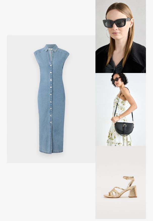 Denim obleka v svetlo modri barvi z ovratnikom, brez rokavov, sprednjim zapiranjem na gumbe in ravnim krojem do gležnjev.; Zlate kovinske sandale s peto, ki imajo zapleteno zasnovo, kvadratno blok peto in nastavljiv gležnjski trak z zaponko. Gladka tekstura.; Črne mačje očala s temnimi lečami, debelimi okvirji in subtilnimi detajli. Oblečena z črnim plaščem in sivim zgornjim delom, z dolgimi ravnimi lasmi.; Črna usnjena torbica s ukrivljeno obliko, z odstranljivo naramnico in zlatimi dodatki. Torbica ima pokrov s podrobnostmi v obliki zaponke.