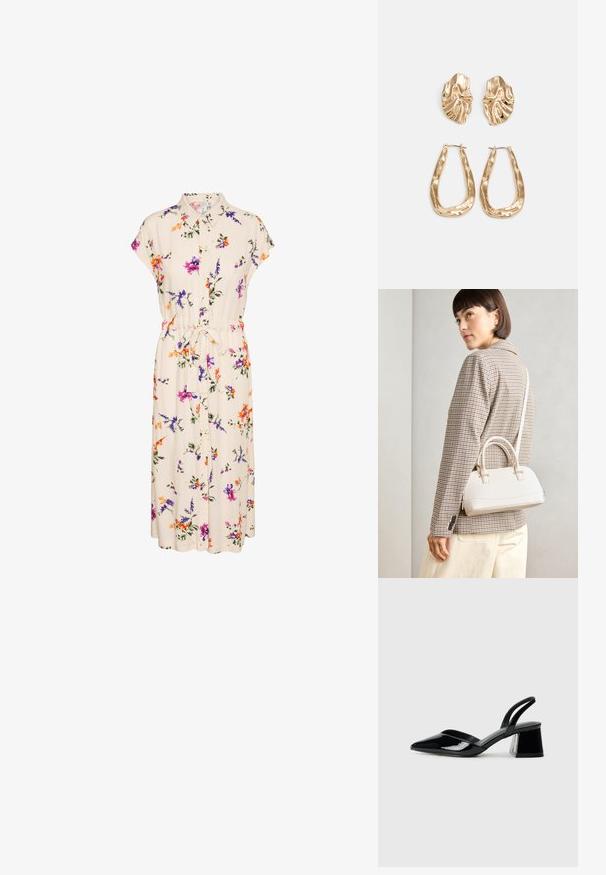 Rochie florală cu guler și mâneci scurte, confecționată dintr-un material crem împodobit cu flori colorate și o talie legată pentru o potrivire perfectă.; Pantofi cu toc slingback din piele lacuită neagră, cu vârf ascuțit și toc geometric. Prezintă un design elegant, minimalist și o textură netedă.; Geantă structurată albă, cu mânere scurte și curea de umăr, având accente din metal aurit și material texturat, expusă pe un fundal gri.; Cercei aurii cu forme texturate și ondulate. Include studs sculpturale cu clip și un design de cerc deschis cu un finisaj cioplit.