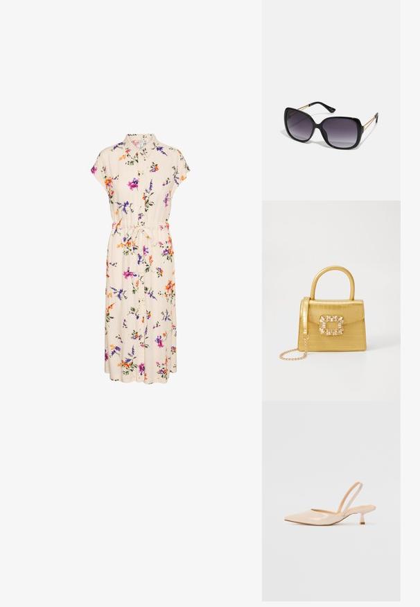 Virágmintás ruha galléros nyakkal és rövid ujjakkal, amely krémszínű anyagból készült, színes virágokkal díszítve, és megkötős derékkal a megfelelő illeszkedésért.; Bézs színű lakkbőr slingback magassarkú cipők hegyes orral és vékony, négyzetes sarkú dizájnnal. Simább textúra és minimalista stílus, díszítések nélkül.; Fekete, oversize napszemüveg fokozatos árnyalatú lencsékkel, vastag kerettel és arany színű lánc díszítéssel a szárakon.; Sárga műbőr krokodil mintás kézitáska strukturált kialakítással, felső fogantyúval, leválasztható lánccal és díszes kristály díszítéssel a záron.
