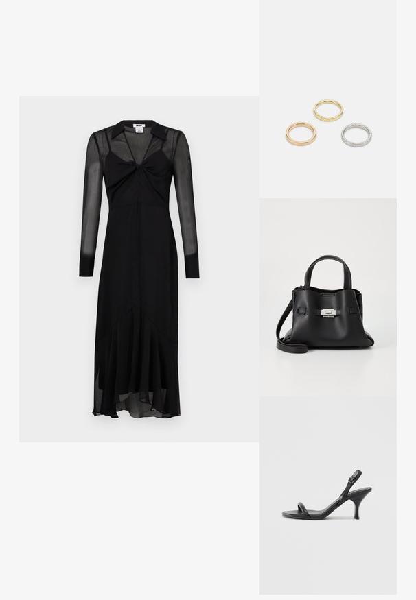Rochie lungă neagră cu mâneci lungi, cu un corset ajustat, detaliu legat în față și tiv evazat. Confecționată dintr-un material diafan și ușor.; Sandale cu toc înalt din piele neagră, cu un toc subțire și curbat și un design cu curea încrucișată. Curea la gleznă ajustabilă. Textură netedă.; Geantă de mână din piele neagră cu o finisare texturată, având două mânere superioare, o curea de umăr detașabilă și un detaliu cu închidere din argint.; Trei inele din metal: unul roz aurie, unul auriu cu accente texturate și unul argintiu, toate cu branding gravat pe banda interioară.