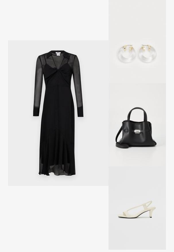 Juoda ilgomis rankovėmis suknelė su prigludusia liemene, rišamu detalumu priekyje ir plačiomis sijonų kraštinėmis. Pagaminta iš permatomo, lengvo audinio.; Kreminės blokų kulno šlepetės su plonomis dirželiais ir kvadratiniu pirštu. Lygus medžiaga su minimaliais akcentais, sukurtos lengvam dėvėjimui.; Juodas odinis rankinės su tekstūruota apdaila, turintis dvi viršutinės rankenos, nuimamą peties diržą ir sidabrinį užsegimą.; Skirtingai skaidrūs akrilo auskarai su auksinės spalvos metaliniais akcentais ir poliruotu finišu. Yra sklandus, apvalus dizainas.
