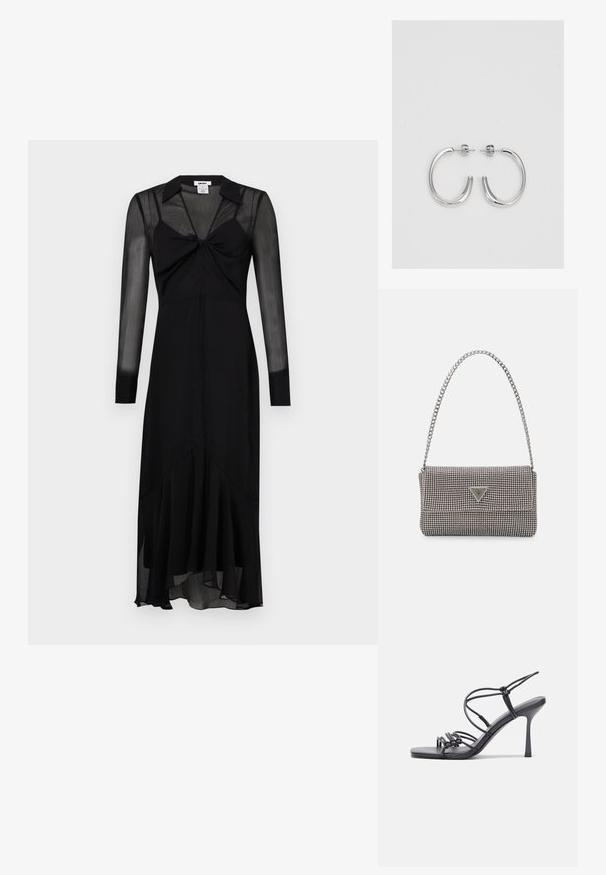Fekete, hosszú ujjú ruha, illeszkedő felső résszel, elöl gömbölyű részleteléssel és trapez szegéllyel. Átlátszó, könnyű anyagból készült.; Fekete magas sarkú szandálok vékony pántokkal, csomózott mintával, sima négyzetes orral és karcsú stiletto sarkal rendelkeznek.; Világosszürke fémes kézitáska lánc pánttal, kis kör alakú fém kifinomult díszítéssel és háromszög alakú márkagéppel.; Ezüst karika fülbevalók sima, fényes felülettel, ívelt formával és postazáras zárral. Minimalista, modern kivitel.