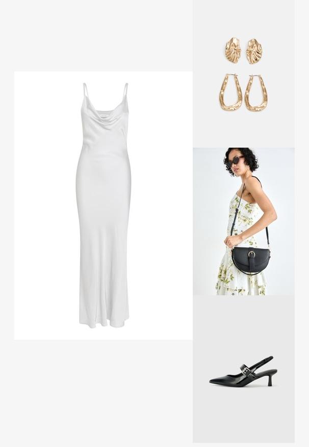 Vit klänning med spaghetti-axelband, med cowl-halsringning, figurnära silhuett och en mjuk, slät textur. Golvlång utan synliga mönster eller metalldetaljer.; Svarta patentläder slingback-klackar med spetsig tå och en liten blockklack, med en silvrig spänneaccent på remmen.; Svart läderhandväska med en böjd form, avtagbar rem och guldiga detaljer. Väskan har ett lock med en spänndetalj.; Örhängen i guldton med texturerade, vågiga former. Inkluderar skulpturala clip-on-stift och öppen hoop-design med hamrad finish.